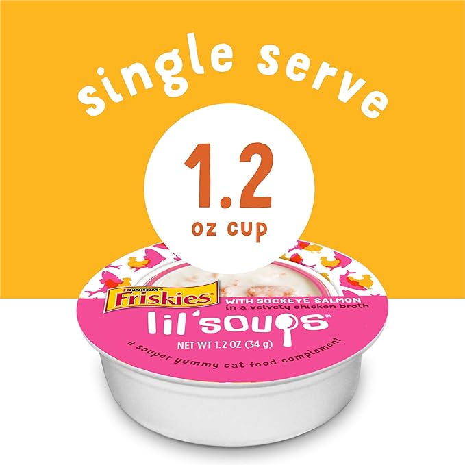 Purina Friskies Grain Free Wet Cat Food Complement Variety Pack, Lil' Soups Salmon, Tuna, Chicken & Shrimp - (30) 1.2 oz. Cups