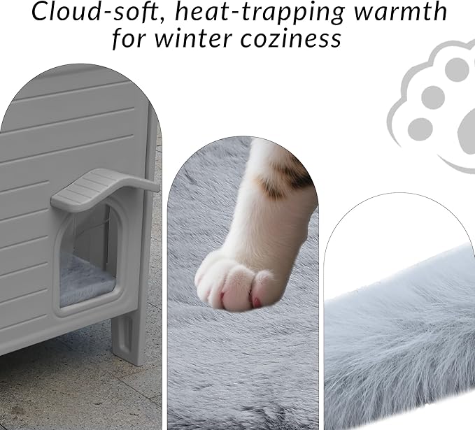 Weatherproof Insulated Outdoor Cat House with Mat for Feral Cat, Plastic Elevated Cat Shelter with Escape Door, Easy Assemble, Expansive Interior‌ Grey 22.0" L x 21.0" W x 16.0" H