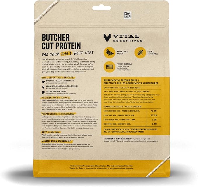 Vital Essentials Freeze Dried Raw Dog Food Topper, Duck Mini Nibs Topper for Dogs | High Protein, Low Carb, Grain Free, Dry Dog Food Topper | 18 oz
