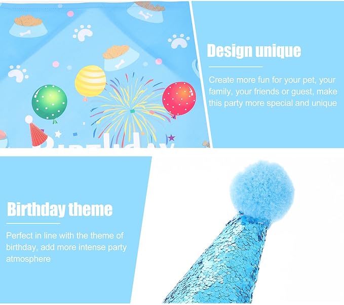 Pet Birthday Hat and Bandana Set, 3pcs Blue Party Accessory for Dogs, Puppy Birthday Decor and Pet Party Supplies