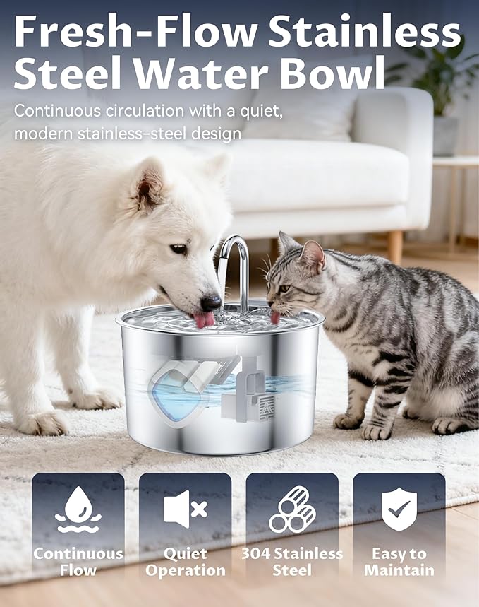 Dog Water Bowl - 3.2L Stainless Steel Dog Water Fountain, Multi-Filtration and Steady Water Circulation, Easy to Clean, Pet Water Fountain with Ultra-Quiet Pump for Dogs Cats (2Set, 8+8 Filter)