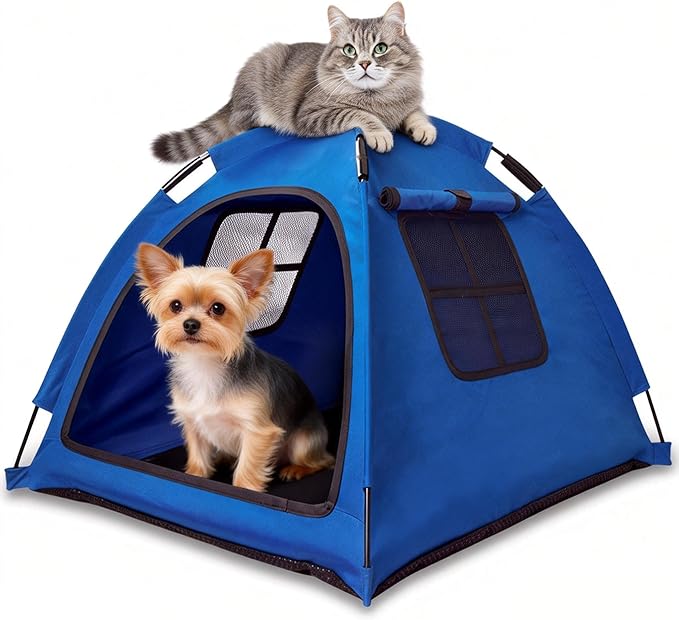 Open Design Pet Tent, Cozy Monitoring Bed for Cats & Puppies, Breathable Mesh Walls for Security & Ventilation, Indoor Outdoor Travel, Blue