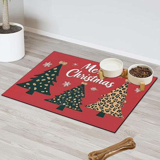 Merry Christmas Dog Food Mat for Floors Absorbent, Quick Dry Water Dispenser Mat for Food, Water, Pet Supplies 12" x 20", Xmas Tree