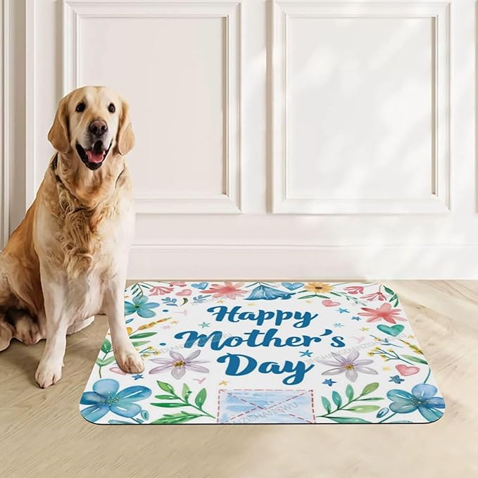 Pet Feeding Mat Absorbent Dog Mat for Food Water Bowl No Stains Quick Dry Water Dispenser Mats Happy Mother's Day Floral Gift Mom Ed Dog Accessories Pet Supplies Bowl for Messy Drinkers 18X12In