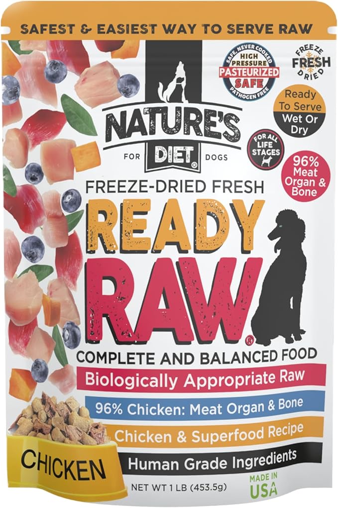 Nature's Diet Ready Raw : Freeze-Dried Raw Dog Food, Chicken, Human Grade, High Pressure Pasteurized (HPP), 96% Meat, Organ, Bone, Safe & Natural, Dry or Wet Feeding