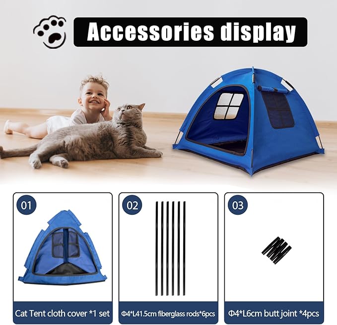 Open Design Pet Tent, Cozy Monitoring Bed for Cats & Puppies, Breathable Mesh Walls for Security & Ventilation, Indoor Outdoor Travel, Blue