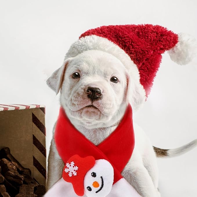 Amosfun Christmas Dog Scarf and Santa Hat Set, 2pcs Holiday Pet Costume Accessories, Soft Festive Pet Collar and Cap for Dogs and Cats, for Christmas Party Supplies