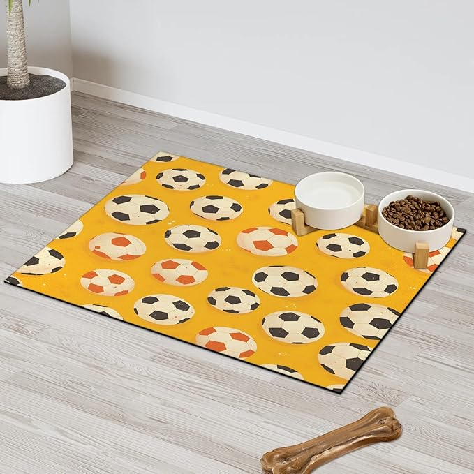 Soccer Ball Dog Food Mat for Floors Absorbent, Quick Dry Water Dispenser Mat for Food, Water, Pet Supplies 12" x 20", Sports Theme
