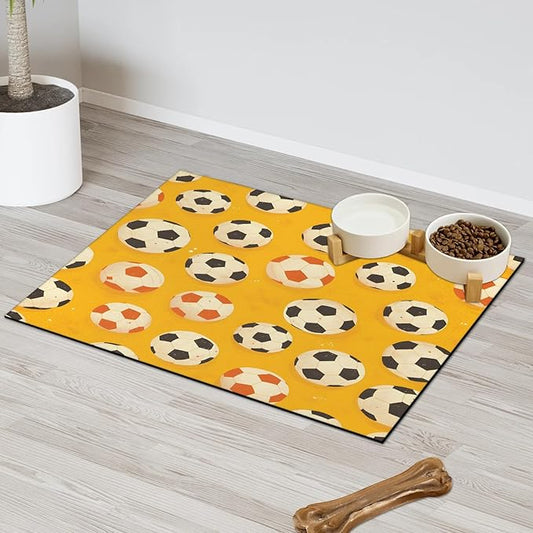 Soccer Ball Dog Food Mat for Floors Absorbent, Quick Dry Water Dispenser Mat for Food, Water, Pet Supplies 16" x 24", Sports Theme