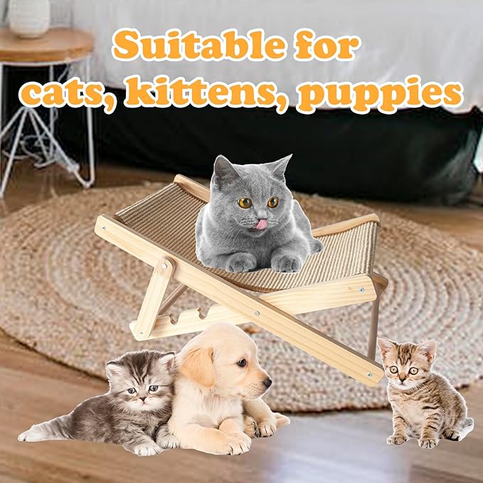 Sisal Cat Chair for Sunbathing,Adjustable Wooden Cat Lounge Chair with Sisal Mat Scratcher 3 Height Beach Kitty Hammock Bed Indoor Outdoor Lounging Scratching Furniture for Kitten Puppy Bunny