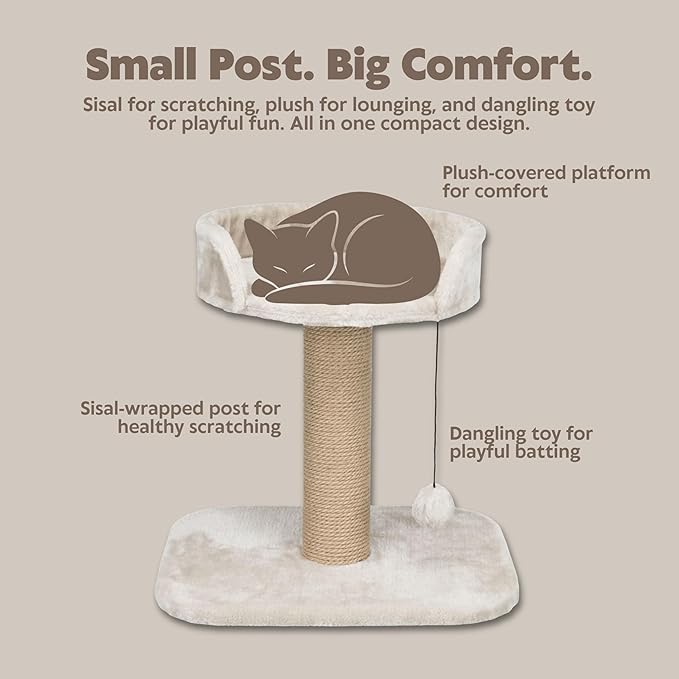 Trixie Mica Cat Scratching Post 18.1 Inch - Cat Scratcher with Soft Fabric Covering Base and Durable Sisal Rope - with Padded Platform & Dangling Cat Toy - in Greige