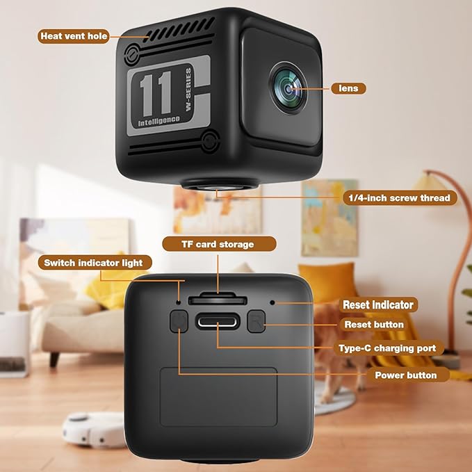 2K Indoor Security Camera, Window Home Camera, Reptile Aquarium Pet Monitor, Wireless Battery Powered, Night Vision, Motion Detection, 2.4G WiFi 6, App Control, for Home, Pet, Black