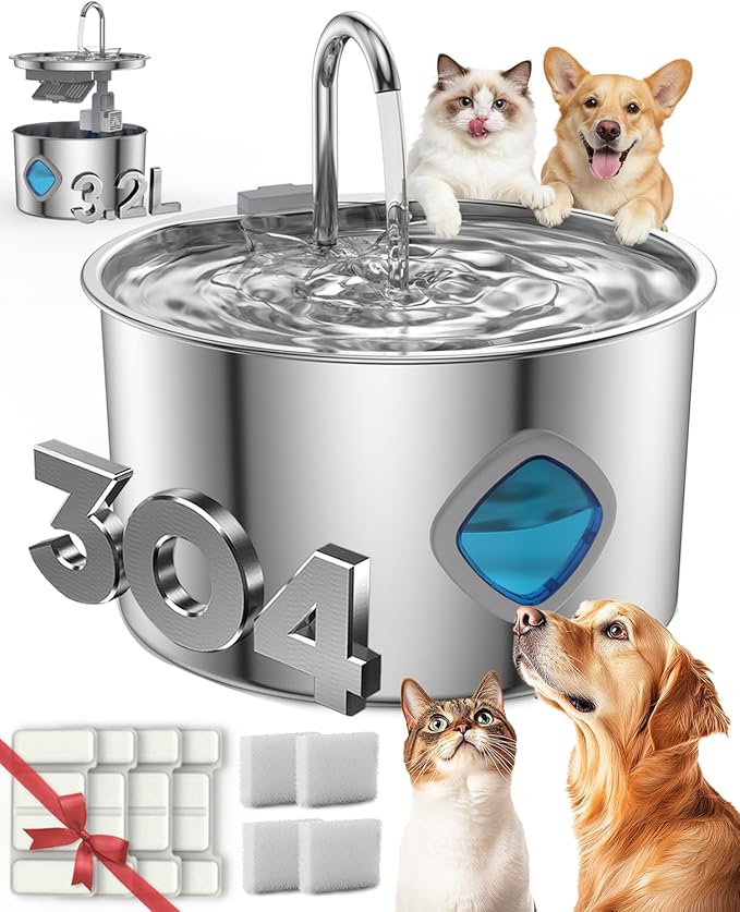 Dog Water Bowl, 3.2L Dog Water Fountain, Quad-Purification System and Continuous Circulating Water Flow,Stainless Steel Easy-to-Clean,Quiet Operation,Water Bowl for Dog Cat (Bowl+4Set Filter)