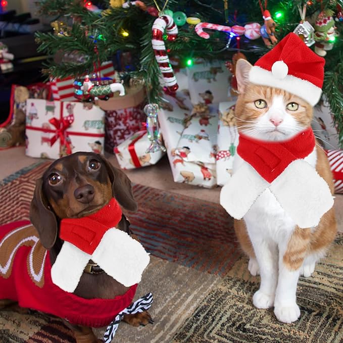 Pet Christmas Hat and Dog Scarf Set, Soft Warm Xmas Costume Accessories for Cats and Dogs, Holiday Party Supplies for Pets