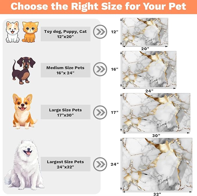Marble Dog Food Mat for Floors Absorbent, Quick Dry Water Dispenser Mat for Food, Water, Pet Supplies 24" x 32", Grey Gold