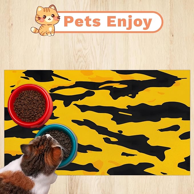 Yellow Camouflage Dog Food Mat for Floors Absorbent Dog Bowl Mat for Food and Water Dispenser Quick Dry Cat Food Placemat Pet Supplies 16" x 24", Camo