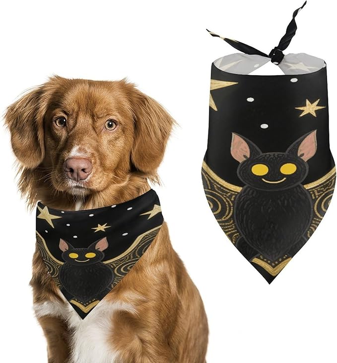 Dog Bandana Spring Pet Scarf Adjustable Triangle Black Gloden Bat Printing Dog Bib Washable Polyester Puppy Bandana for Small Medium Large Dogs Cat Birthday Party Supplies