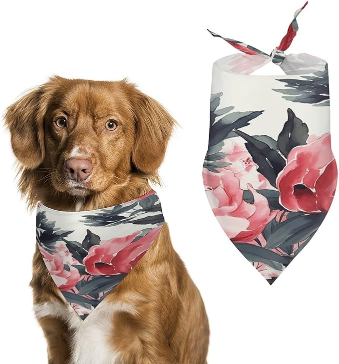 Dog Bandana Spring Pet Scarf Adjustable Triangle Peonies Spring Printing Dog Bib Washable Polyester Puppy Bandana for Small Medium Large Dogs Cat Birthday Party Supplies