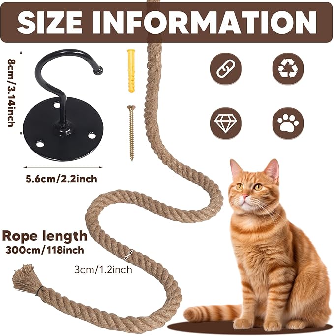 Cat Climbing Rope with Hook,Natural Jute Ropes for Ceiling and Wall Mounted,Cat Climbing Sisal Rope Cats Scratch Rope Suitable for Indoor Cats (1.20" x 9.84Ft)