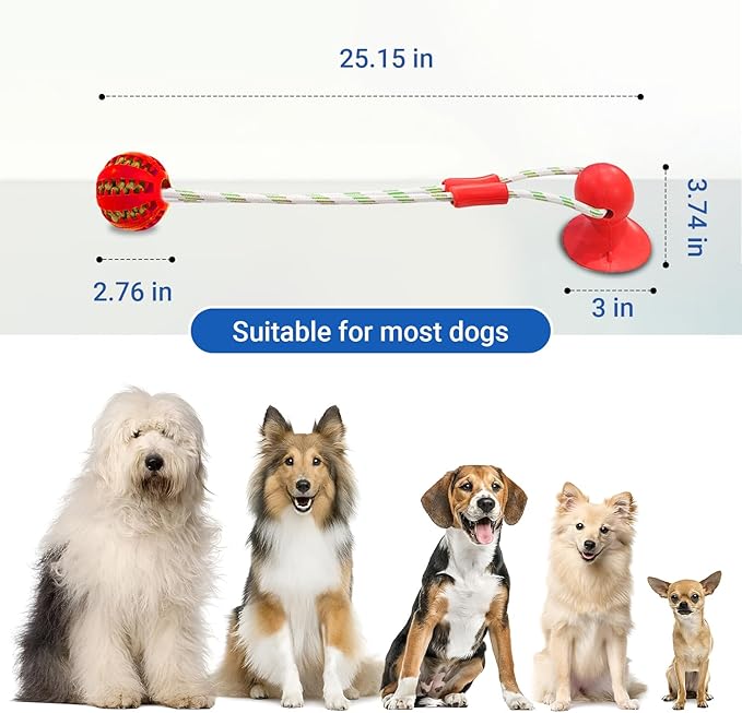Dog Chew Toys for Aggressive Chewers, Tug of War Suction Cup, Pull Ball with Suction Cup, Suitable for All Breeds, Puppy Chew Toys for Teething, Indestructible Dog Treat Food Dispensing Ball (Red)