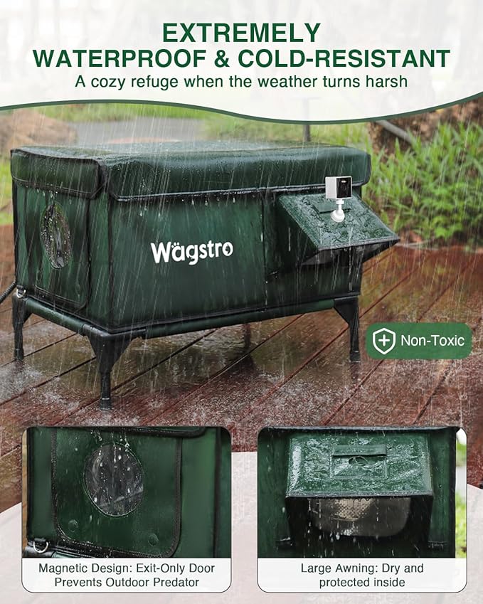 Heated Cat House for Outside with Smart Pet Camera, Highly Elevated with Escape Door, Insulated Waterproof Outdoor Cat House Shelter for Feral Stray Barn Cat (Army Green, 25.6"x16.5"x18.5")