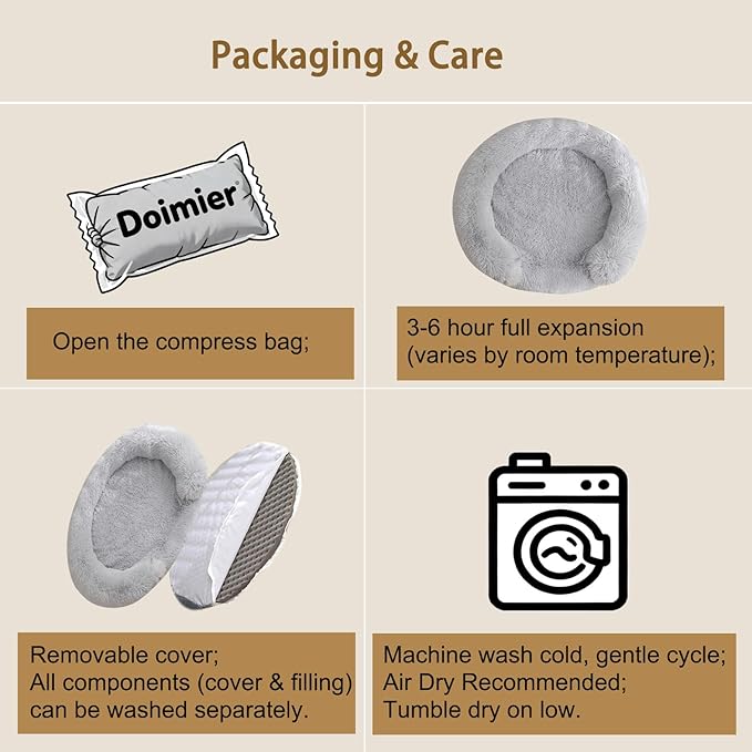 Calming Cute Dog Beds for Medium Dogs, Orthopedic Cushion Anti-Anxiety Donut Cuddler Bed, Soft Fluffy Faux Fur Plush Warm Cozy Removable Cover Fits up to 35 lbs Pets (Round, Pale Grey 28")