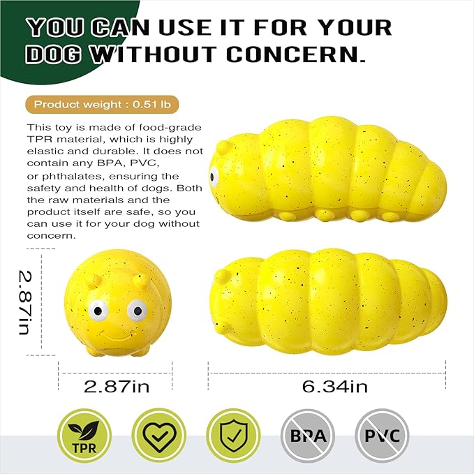 Large Size BouncyLarva Squeaky Dog Toy for Medium/Large Dogs Breed Aggressive Chewers Durable Bouncy Squeak Toys Yellow