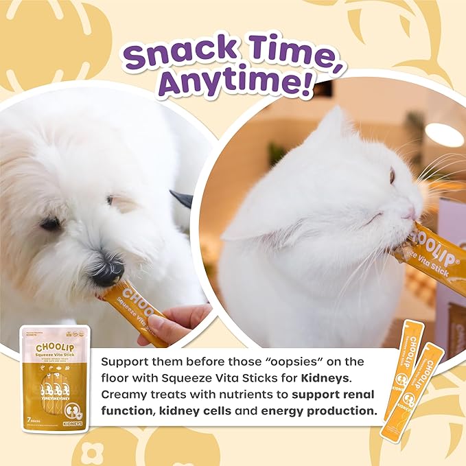 Choolip Squeeze Vita Stick Lickable Cat and Dog Treats, 7-Count Kidney Support, Tuna and Pollack with Cranberry, CoQ10 and Omega-3, Grain-Free, Vet-Formulated
