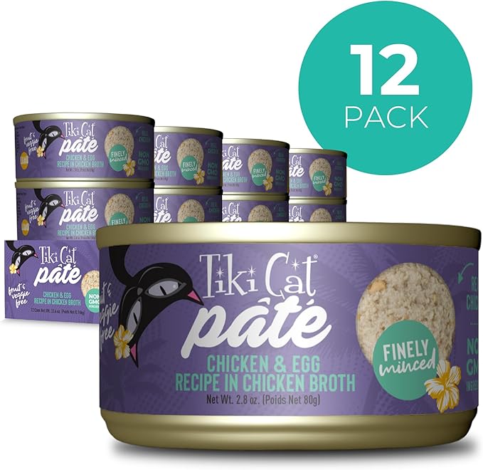 Tiki Cat Luau Pate, Chicken and Egg Recipe in Chicken Broth, Grain-Free Balanced Nutrition Wet Canned Cat Food, for All Life Stages, 2.8 oz. Can (12 Count)