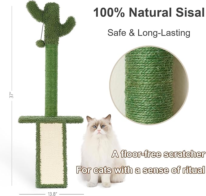Cactus Wall-Mounted Cat Climbing Tree – Heavy-Duty Sisal Scratching Post with Slanted Board & Hanging Toy – Drill-Mount for All Wall Types, Space-Saving Decorative Cat Furniture