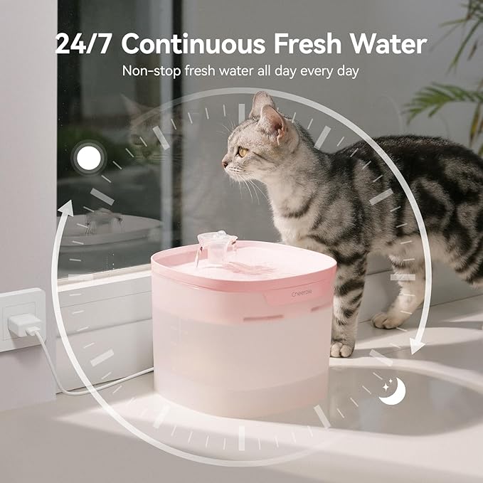 Cheerble Pumpless Cat Water Fountain, 2L/67oz Automatic Pet Fountain, Elfin E1 Lite Cat Fountain for Drinking, MagDrive™ Technology, Continuous Flow Mode, BPA-Free (Pink, E1 Lite)