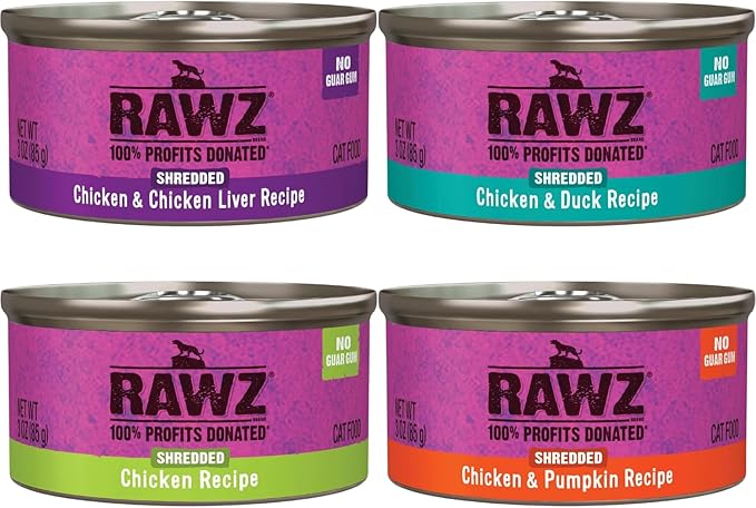 Rawz Natural Premium Canned Cat Wet Food Shredded -12 Pack Chicken Variety - 4 Flavors - (Chicken & Duck, Chicken & Liver, Chicken & Pumpkin, Chicken) Pets Food Bowl - (3oz Cans)