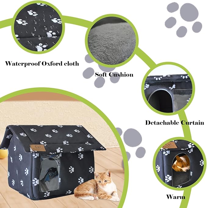Cat House for Outdoor,Weatherproof Warm Feral Cats Shelter Outside/Indoor Collapsible Insulated Pet Houses Foldable Stray Cat Tent Cave for Kitty Puppy Small Animals Four Season(Black)