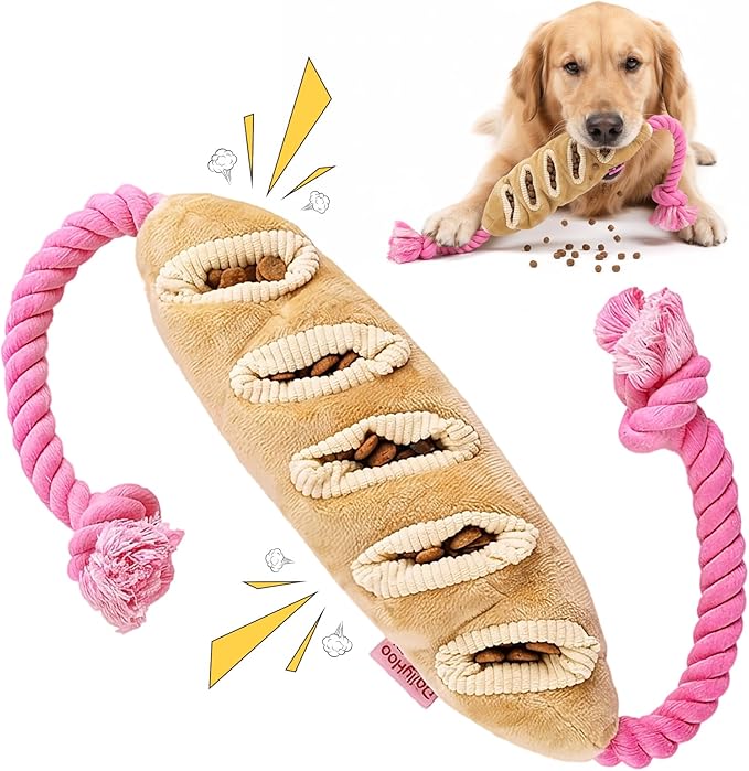 Baguette Dog Snuffle Toy, Interactive Crinkle Plush Chew Toys with Rope for Large Medium Small Dogs, Hide and Seek Treat Dispensing Puzzle for Puppy Boredom Relief, Brain Stimulation Foraging