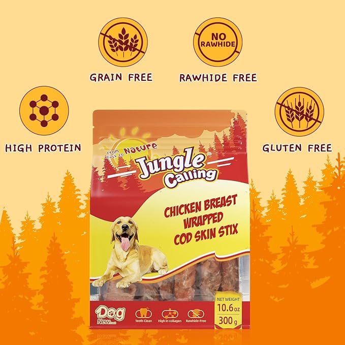 Jungle Calling Dog Treats, High Protein Dog Chewy Treats Health Teeth and Coat, Chicken Wrapped Cod Skin Sticks, Rawhide-Free Cod Fish Skin Snacks for Dogs, 10.6 oz (Pack of 2)