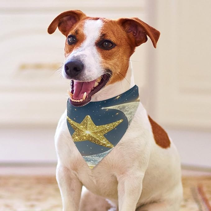 Dog Bandana Spring Pet Scarf Adjustable Triangle Golden Stars and Moon Printing Dog Bib Washable Polyester Puppy Bandana for Small Medium Large Dogs Cat Birthday Party Supplies
