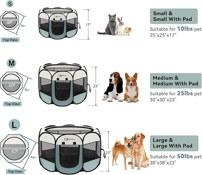 Pink Puppy Playpen for Middle Dog Cat, Dogs Tent Crate Cage Indoor/Outdoor, Portable Pop Up Dog Kennel with Carrying Bag for Rabbits, Removable Top (Grey with Pad, Large)