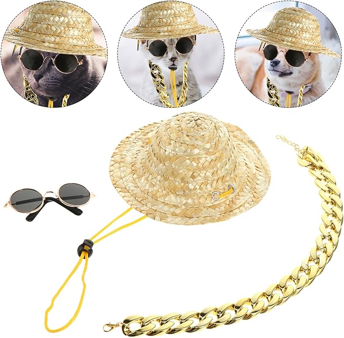 Homoyoyo Pet Dog Accessories Set – Straw Sun Hat with Sunglasses and Necklace, UV Protection Dog Supply for Outdoor Use, Puppy Summer Pet Apparel
