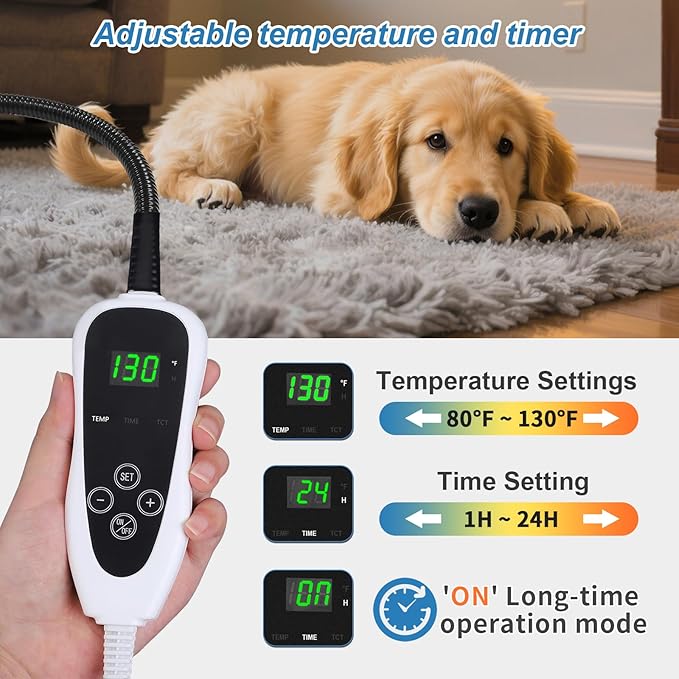 Extra Large Dog Heating Pad, 47×30 In with Smart Thermostat Switch and Power Line Protection Tube,Obtained MET and UL Dual Certification,Waterproof Pet Heating Pad with Long Velvet Cloth Cover