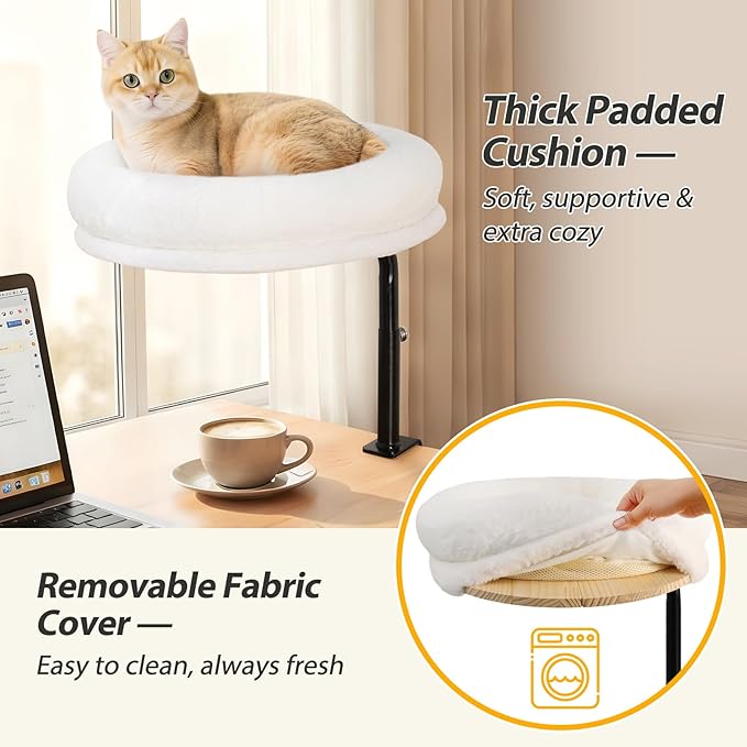 Sunhoo Cat Desk Bed 360° Rotating Height Adjustable Desktop Mount Hammock Kitten Perch Easy Setup Kitty Nest Table Clamp-on Attachment for Indoor Cats Washable 17" Diameter Hold Up to 40lbs（White）