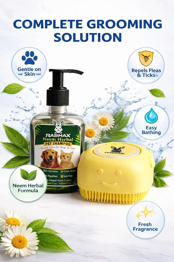 Pet Bath Combo kit-Neem Herbal Shampoo & Silicone Dispenser Brush with Reusable Zip-Lock Bag | Dog cat Grooming Supplies for Gentle Skin Care, Easy Bathing Solution