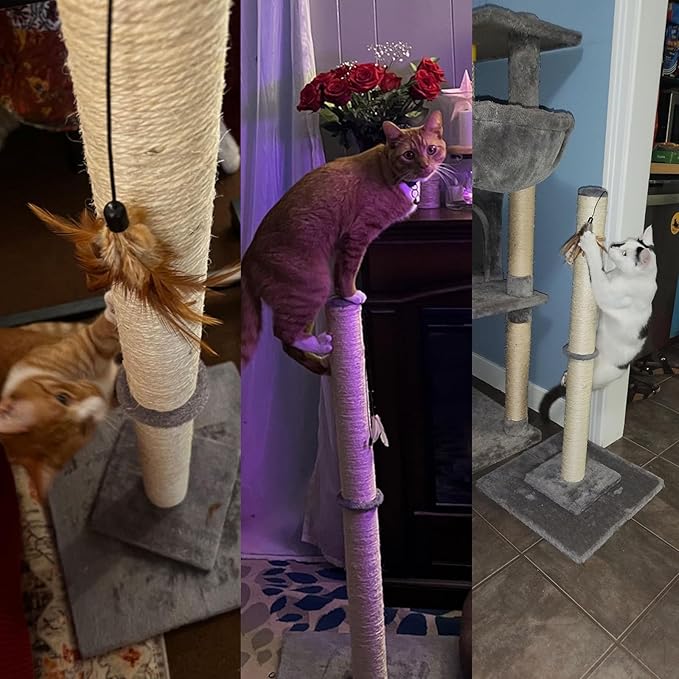 HUTPET 34" Tall Cat Scratching Post Double Base and Reinforcement Design Anti tilt,Sisal Scratch Posts Trees with Feather Toys for Indoor Cats(Gray)