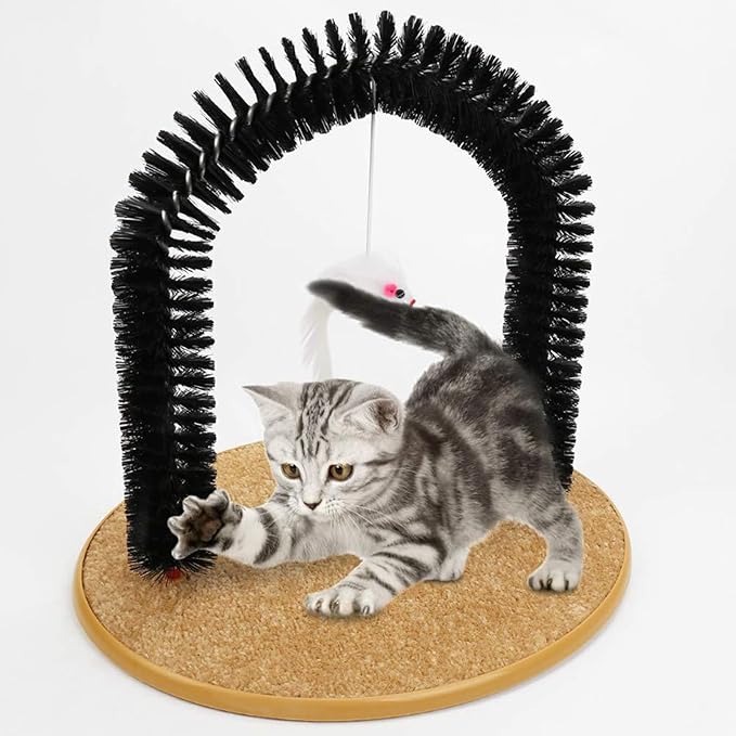 Cat Brush Arch Massager, Self Groomer with Scratch Pad Hanging Plush Mice Comb Scratcher Non-slip Kitten Back Massager for Pets