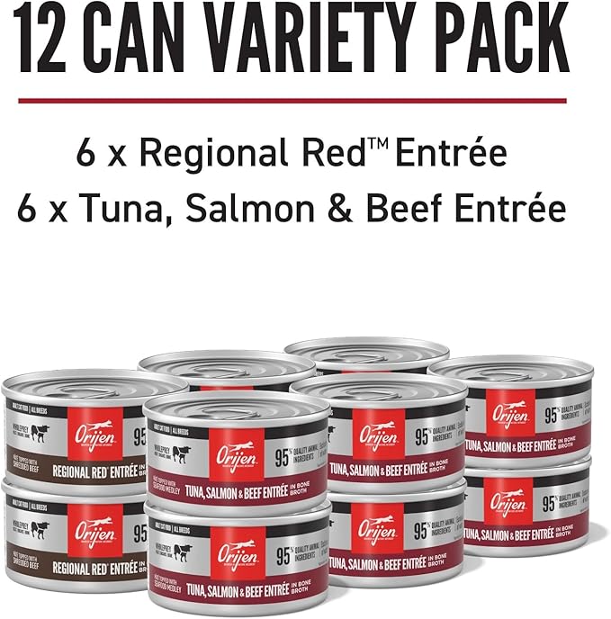 ORIJEN Premium Pate Wet Cat Food Variety Pack: Tuna Salmon & Beef + Regional Red Entrées 3oz Cans (12 Count, 6 of Each)