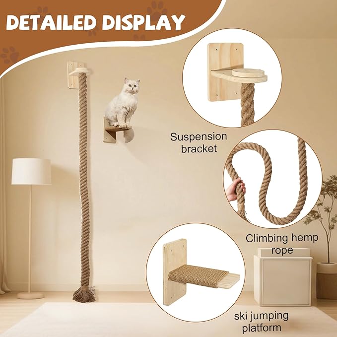 Cat Scratching Post Wall-Mounted Cat Ladder, Cat Tree with Durable Climbing Rope & Space-Saving Cat Furniture for Indoor Cats - Easy Installation & Sturdy Design