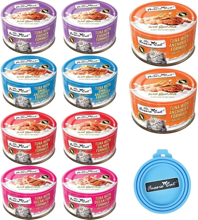 Fussie Cat Super Premium Canned Wet Cat Food in Goat Milk Gravy -2.47 oz Sized Cans - Variety Pack of 5 Flavors -2 Each (10 Cans Total) Plus lid