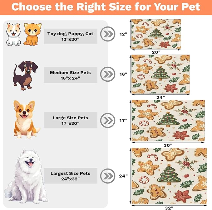 Christmas Tree Dog Food Mat for Floors Absorbent, Quick Dry Water Dispenser Mat for Food, Water, Pet Supplies 16" x 24", Xmas Gingerbread