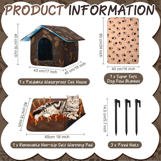 Cat House Outdoor Waterproof Houses for Feral Cats Dogs Pet Shelter Collapsible Dog House with Self Warming Pad Blanket, 3 Pcs Tent Stakes (18 x 17 x 16 Inch)