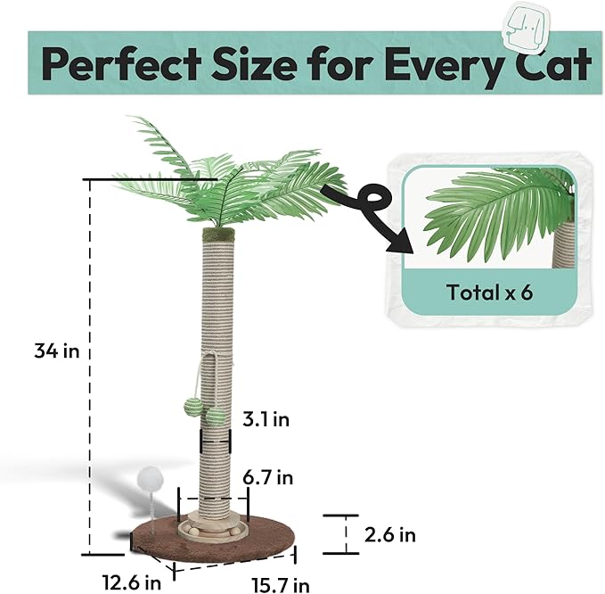 Cat Scratching Post 34 Inch with Rotating Turntable and Removable Hanging Ball, Cat Scratcher for Indoor Cats, Ultra Stable Base, Paw-FGreen Baseriendly Jute Material, Brown Base