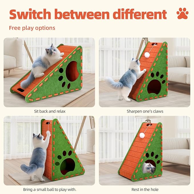 Cat Scratcher, Triangle Felt Cat Scratcher(Cat House), Vertical Integrated 3 in 1 Ramp Vertical Felt Cat Board(Green Orange)